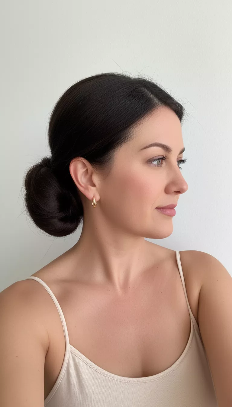 selfie of a 44-year-old woman wearing a light strap top with a sleek voluminous low side bun hairstyle, side view, minimal background