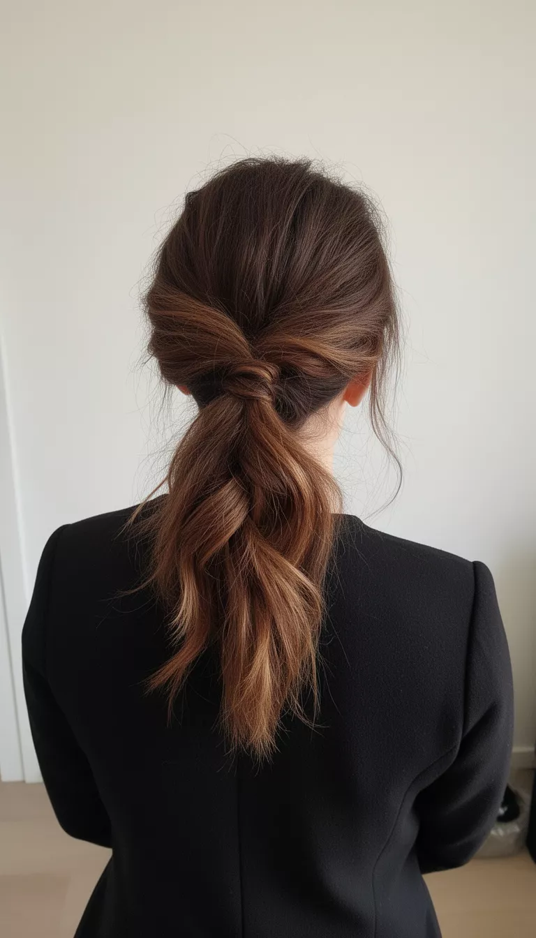 selfie of a 35-year-old woman wearing a black top with a messy twisted half-ponytail with a small fishtail braid detail hairstyle, back view, minimal background