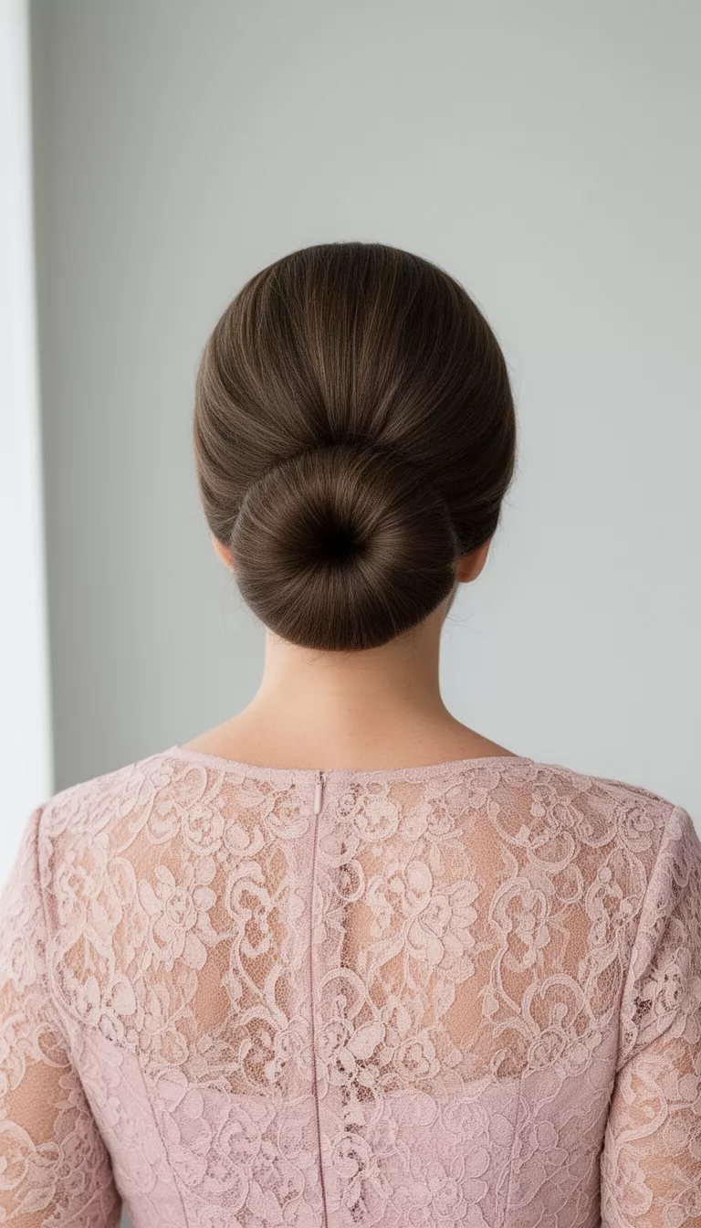 selfie of a 45-year-old woman wearing a light pink lace top with a sleek voluminous low chignon hairstyle, back view, minimal background