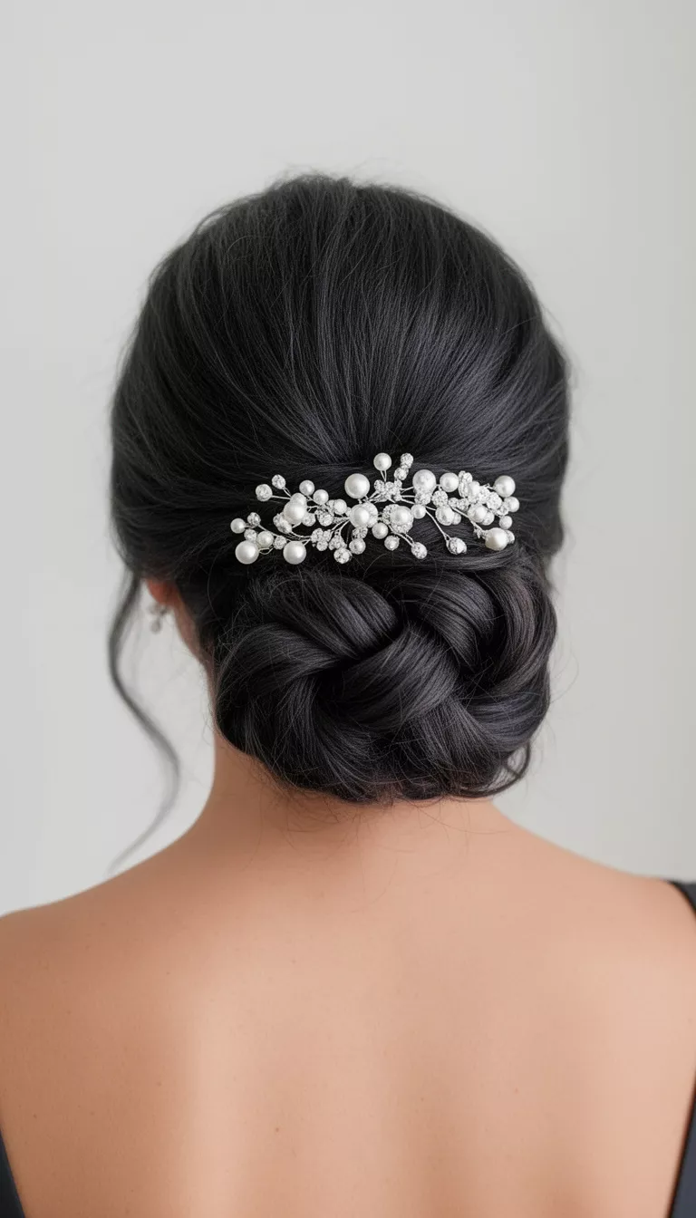 selfie of a 46-year-old woman wearing a dark hair color with a sophisticated rolled updo adorned with a silver and pearl accessory hairstyle, back view, minimal background