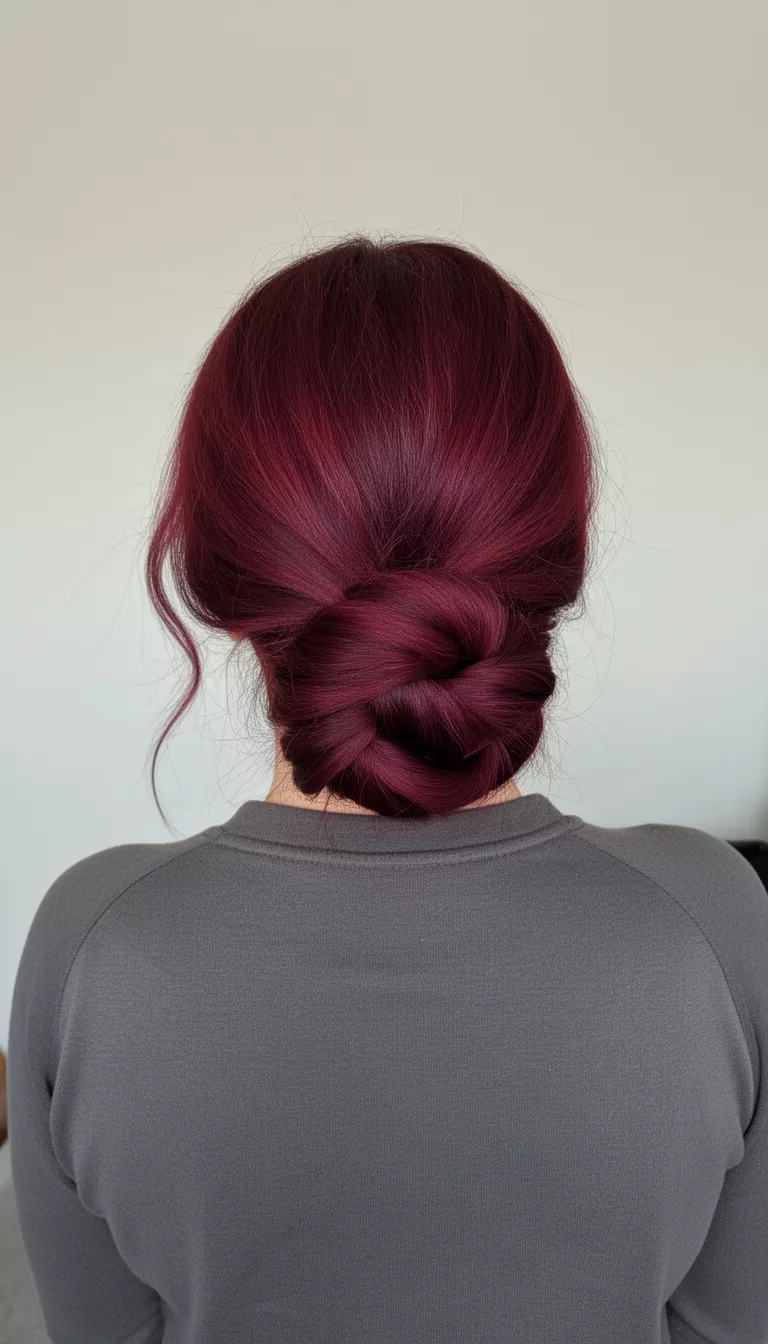 selfie of a 39-year-old woman wearing a burgundy hair color with a large voluminous burgundy braid wrapped into a low bun hairstyle, back view, minimal background
