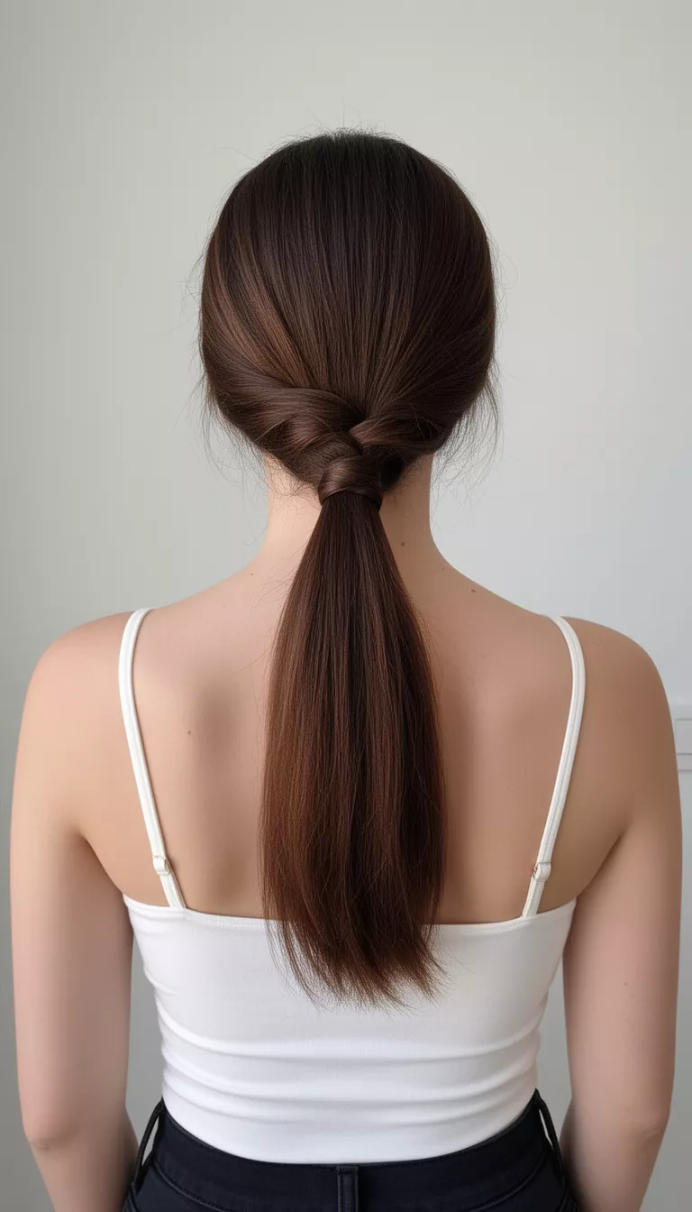 selfie of a 31-year-old woman wearing a white strap top with a smooth low ponytail featuring a braided section hairstyle, back view, minimal background