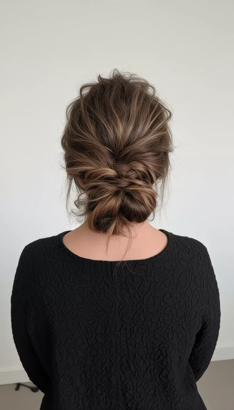 selfie of a 38-year-old woman wearing a black textured top with a voluminous messy low updo featuring a large braid hairstyle, back view, minimal background