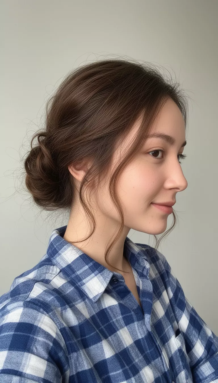 selfie of a 29-year-old woman wearing a blue and white plaid shirt with a relaxed textured loose low bun with soft tendrils hairstyle, side view, minimal background