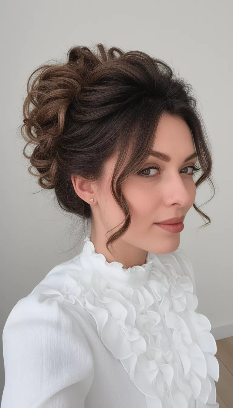 selfie of a 34-year-old woman wearing a white ruffled top with a high voluminous textured updo with soft face-framing strands hairstyle, side view, minimal background