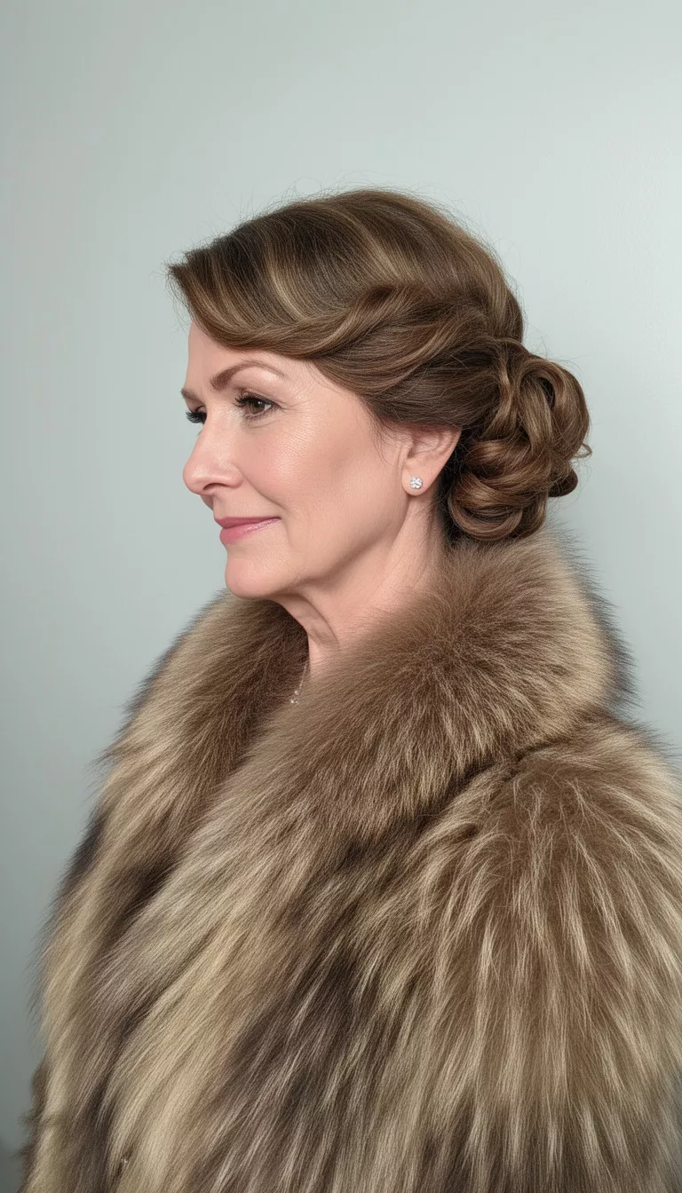 selfie of a 48-year-old woman wearing a fur-trimmed coat with structured soft finger waves and a voluminous low rolled bun hairstyle, side view, minimal background