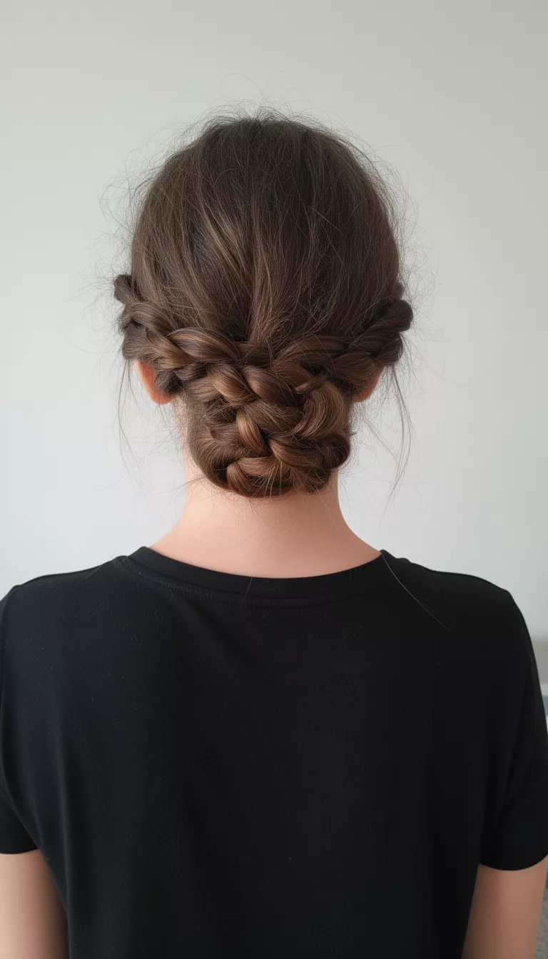 selfie of a 31-year-old woman wearing a black top with a messy low bun accented by a thick Dutch braid hairstyle, back view, minimal background