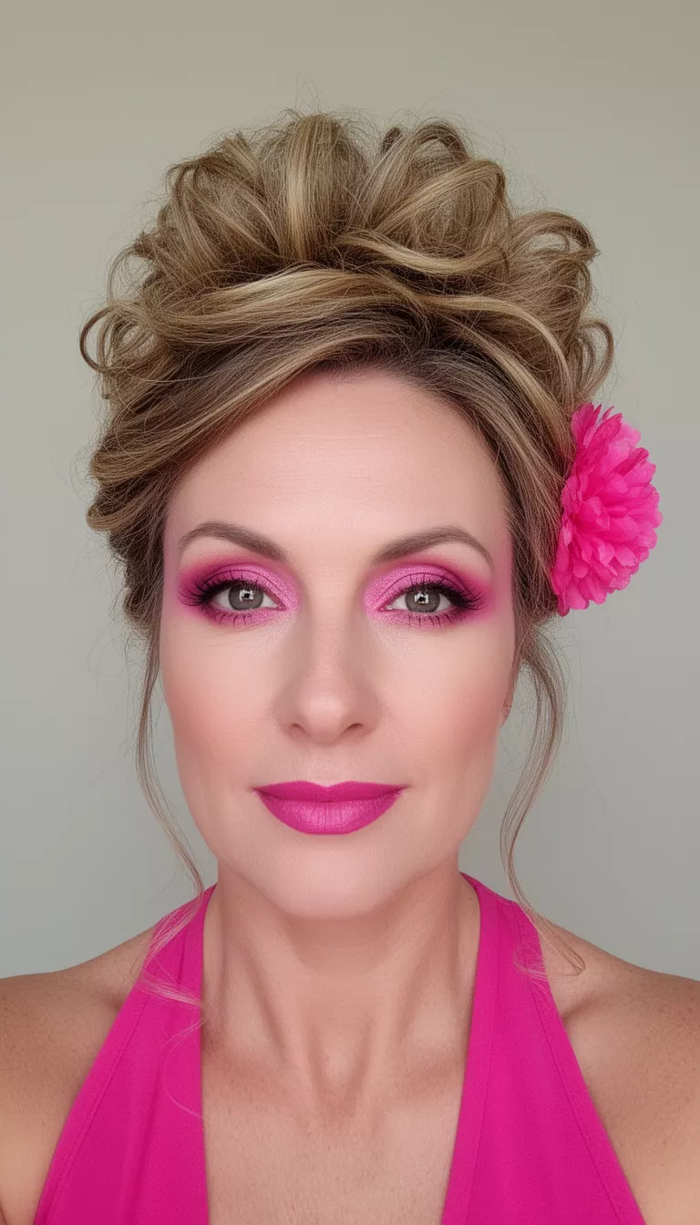 selfie of a 41-year-old woman wearing a bright pink makeup look with a voluminous textured updo with a pink flower accent hairstyle, front view, minimal background