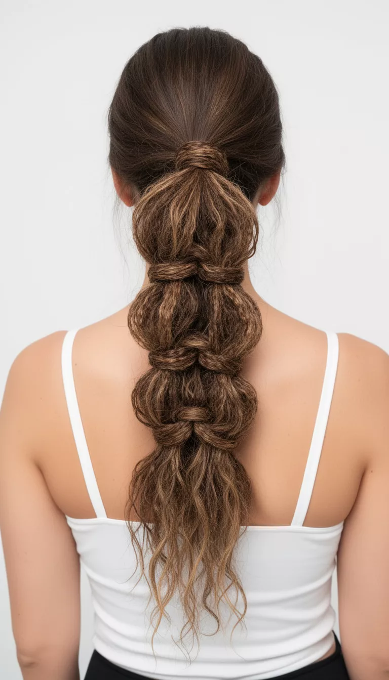 selfie of a 30-year-old woman wearing a white strap top with a long textured ponytail created with looped sections hairstyle, back view, minimal background