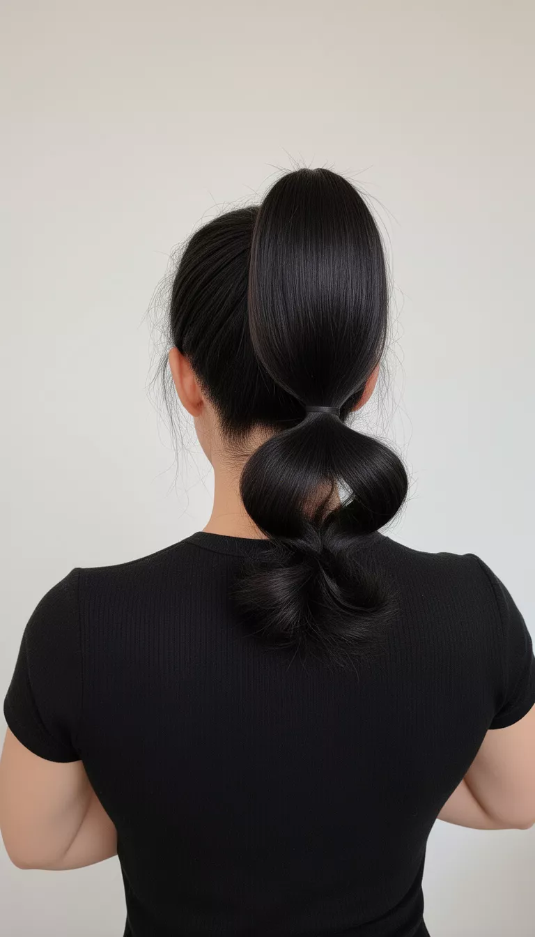 selfie of a 33-year-old woman wearing a black short-sleeved top with a sleek high bubble ponytail hairstyle, back view, minimal background