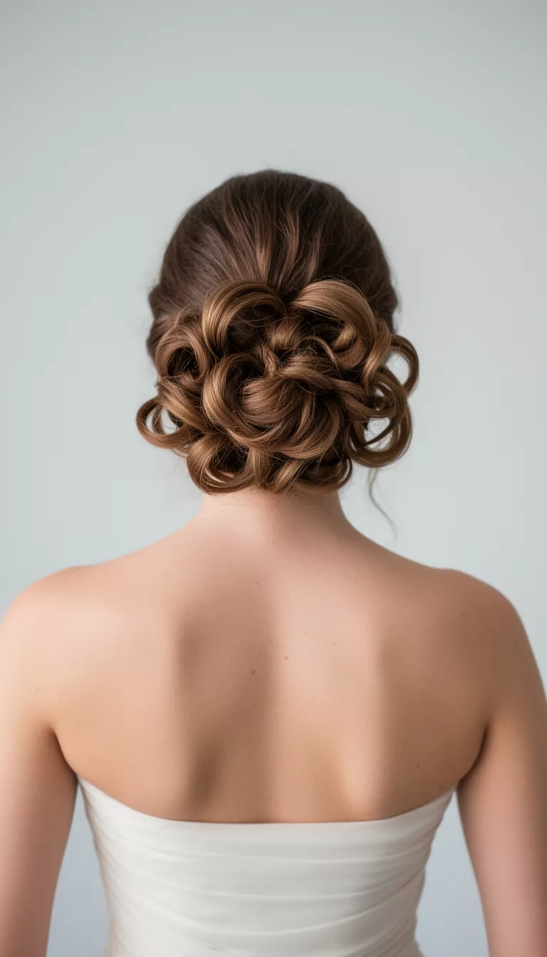selfie of a 37-year-old woman wearing a back view with an intricate voluminous low bun with large loops and curls hairstyle, back view, minimal background