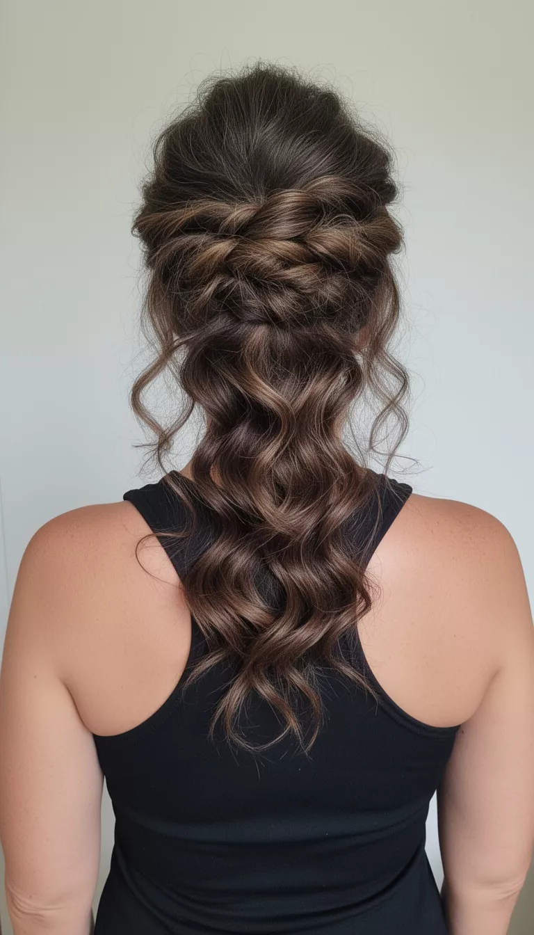 selfie of a 43-year-old woman wearing a black tank with a voluminous twisted half-up style where twists blend into waves hairstyle, back view, minimal background