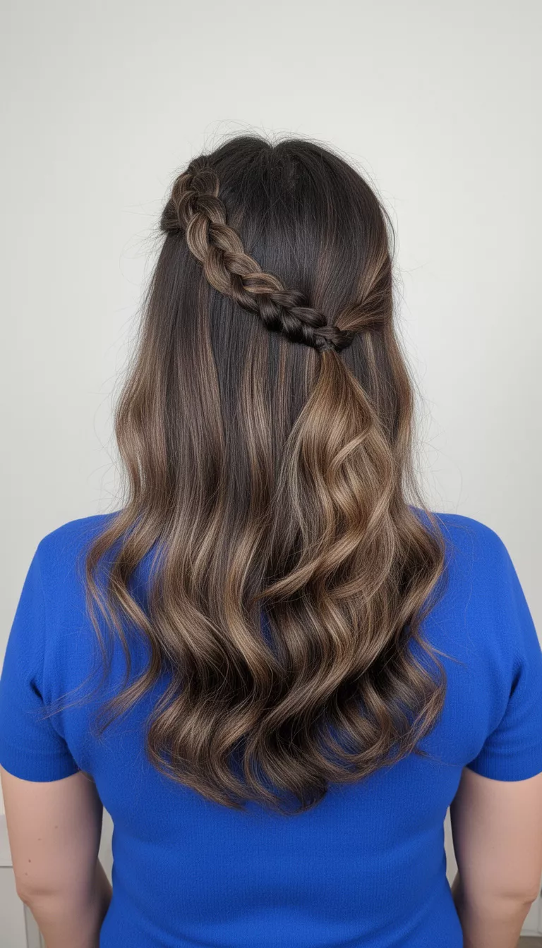selfie of a 35-year-old woman wearing a blue top with a side cornrows with soft waves hairstyle, back view, minimal background
