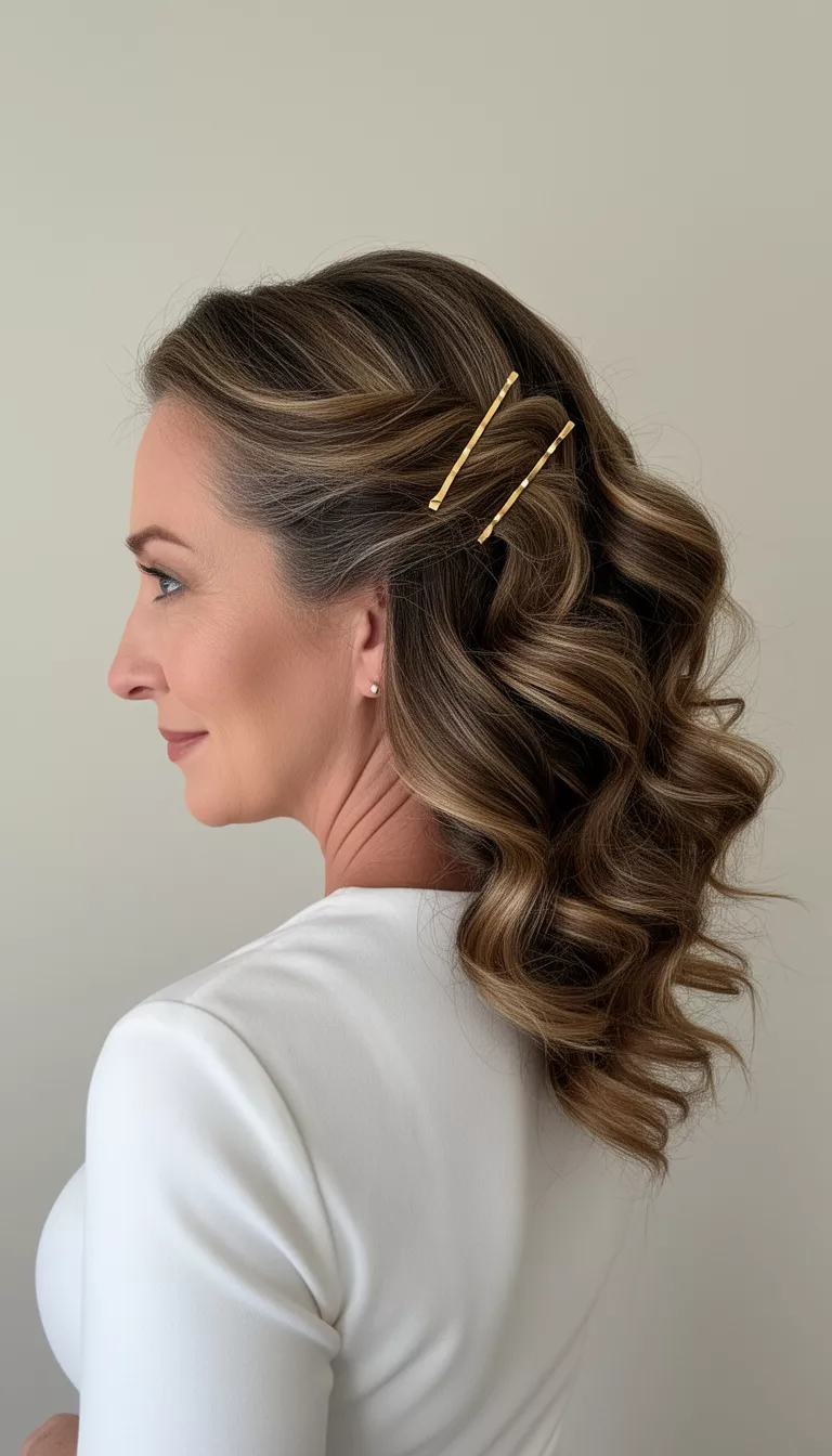selfie of a 47-year-old woman wearing a white top with a prominent side-swept voluminous wave secured with gold bobby pins hairstyle, side view, minimal background