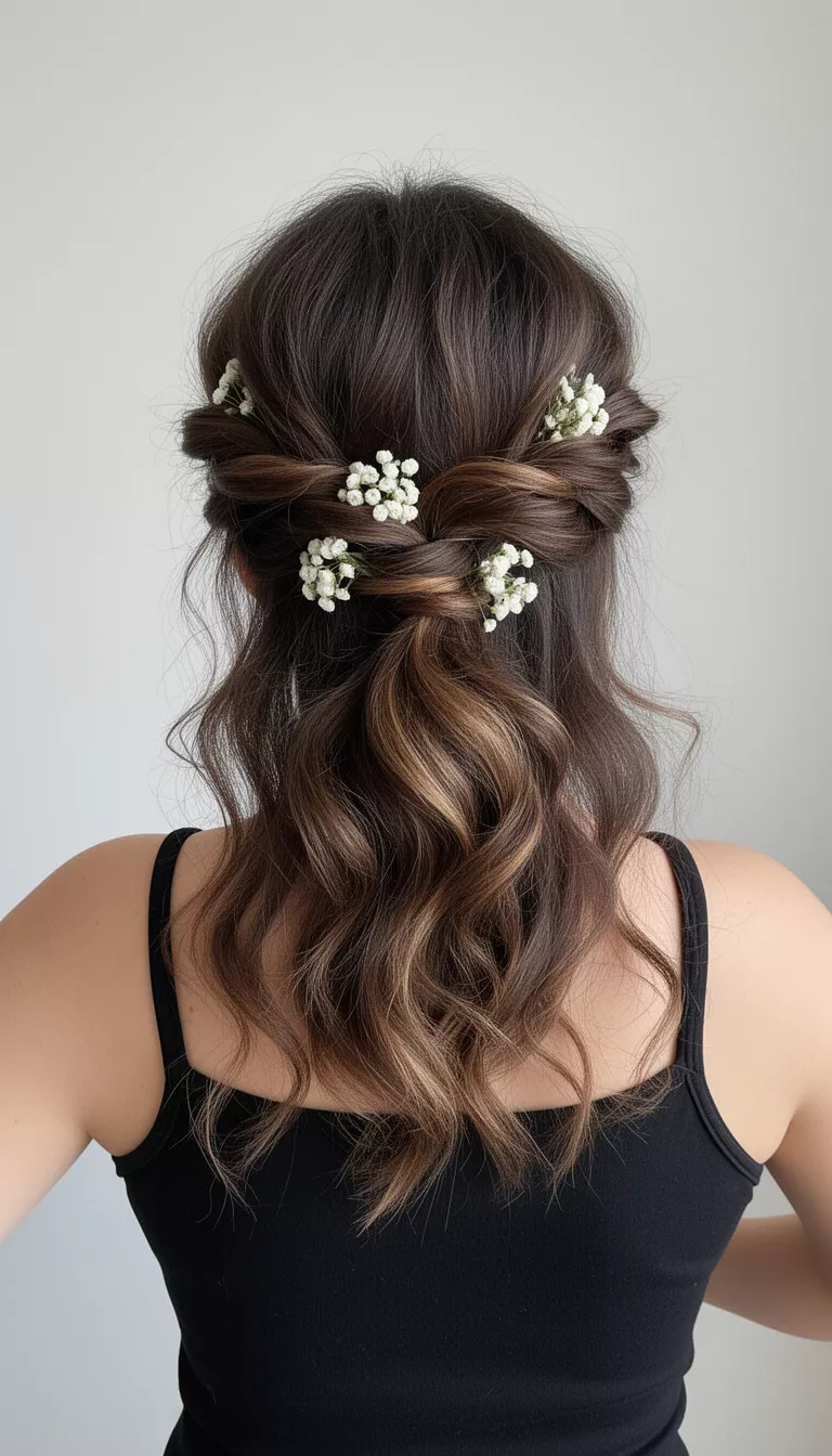 selfie of a 36-year-old woman wearing a black tank with a half-up half-down look with romantic twists and small white floral accents hairstyle, back view, minimal background