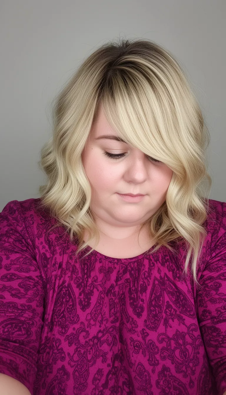 selfie of a 29-year-old woman with a chubby face wearing a magenta patterned top with a blonde wavy lob with heavy side swept fringe hairstyle, looking down, minimal background