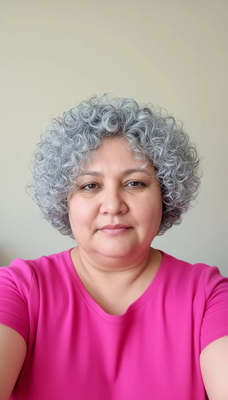selfie of a 48-year-old woman with a chubby face wearing a bright pink top with a short voluminous silver grey curly hair hairstyle, front view, minimal background