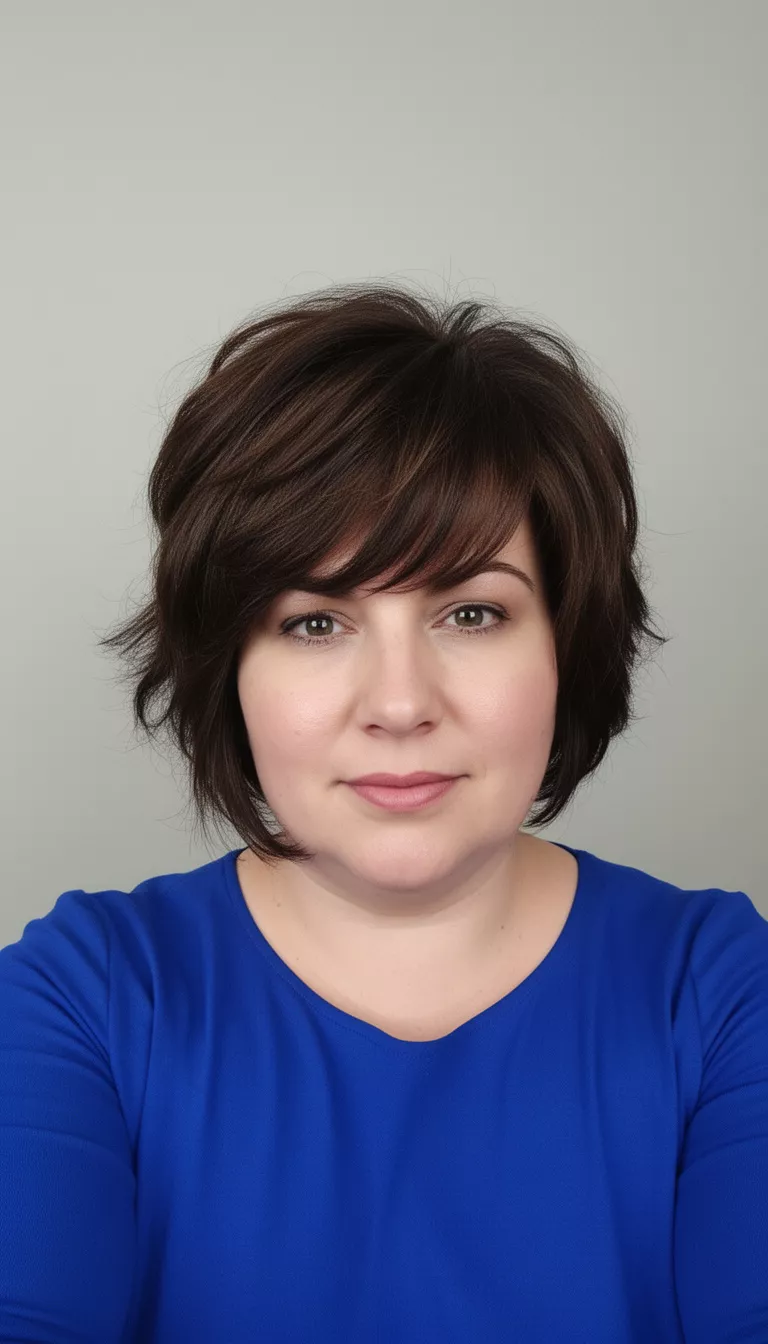 selfie of a 42-year-old woman with a chubby face wearing a royal blue top with a short voluminous dark brown layered hair with side swept bangs hairstyle, front view, minimal background