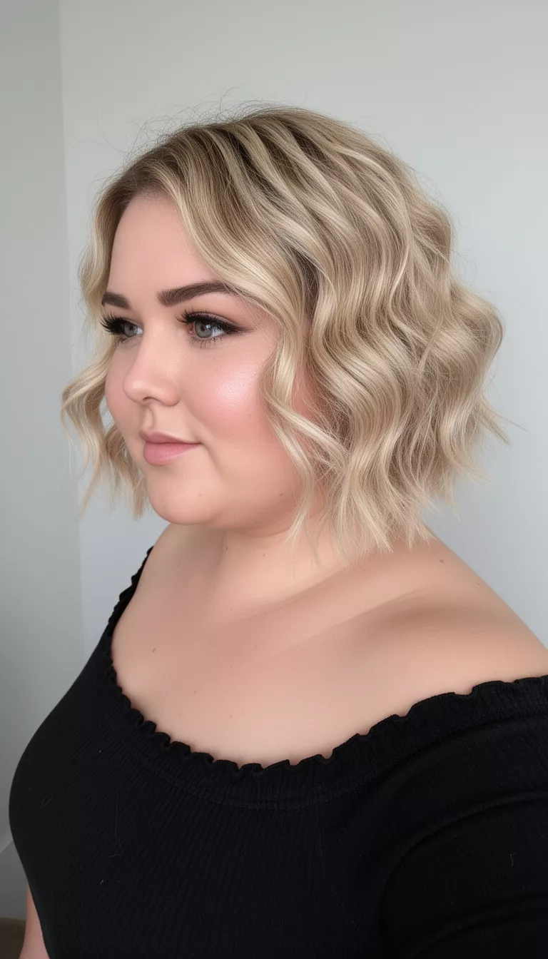 selfie of a 31-year-old woman with a chubby face wearing a black off the shoulder top with a blonde wavy textured bob hairstyle, side view, minimal background