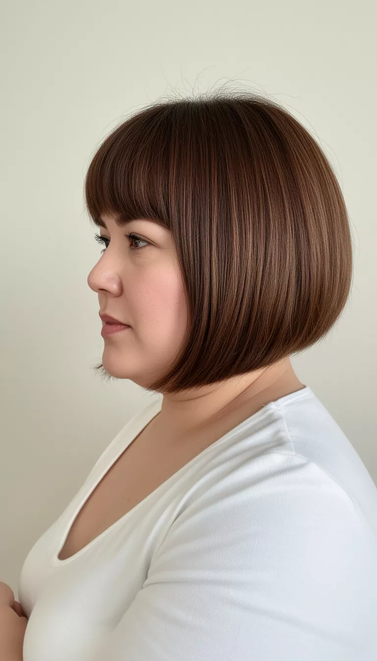 selfie of a 39-year-old woman with a chubby face wearing a white top with a smooth short layered brown bob with long sweeping bangs hairstyle, side view looking left, minimal background