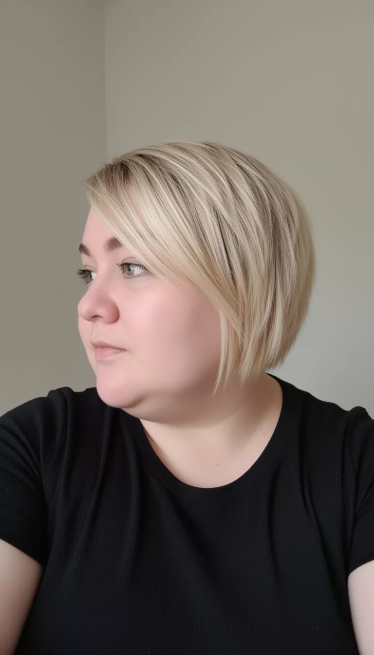 selfie of a 31-year-old woman with a chubby face wearing a black top with a short choppy blonde hair with a side swept fringe hairstyle, side view looking left, minimal background