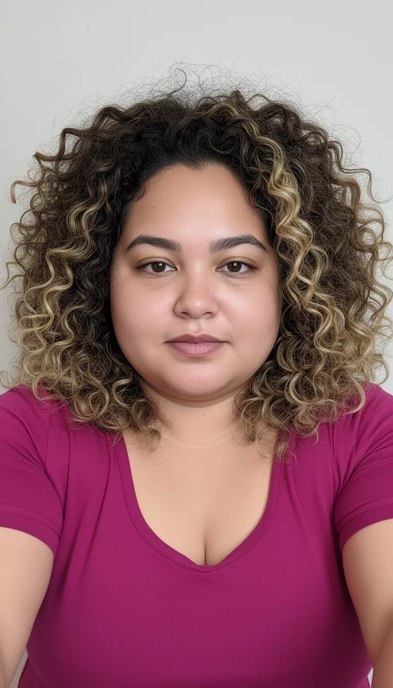 selfie of a 32-year-old woman with a chubby face wearing a magenta top with a voluminous dark brown curly hair highlighted with blonde hairstyle, front view, minimal background