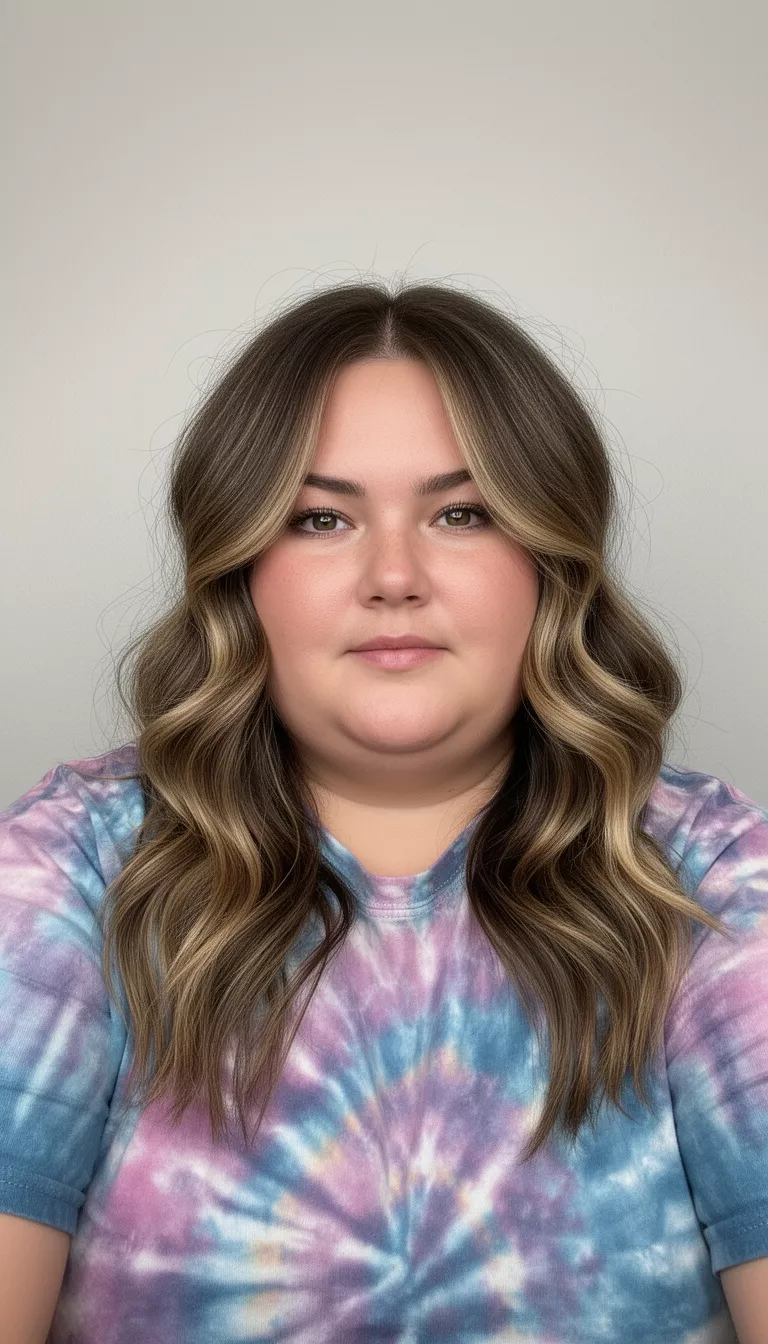 selfie of a 31-year-old woman with a chubby face wearing a tie dye top with a wavy medium length hair featuring brown and blonde balayage with face framing layers hairstyle, front view, minimal background