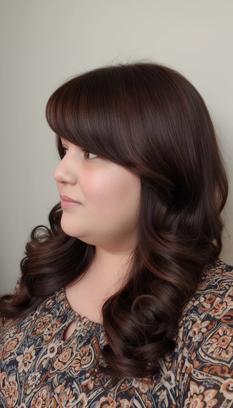 selfie of a 35-year-old woman with a chubby face wearing a patterned top with a long rich dark brown hair with voluminous dramatic side swept bangs and soft curls hairstyle, side view looking left, minimal background