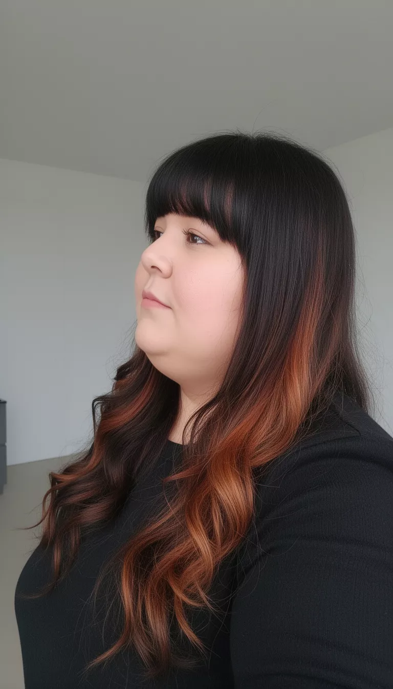 selfie of a 30-year-old woman with a chubby face wearing a black top with a long dark brown wavy hair with subtle auburn highlights and blunt bangs hairstyle, side view, minimal background