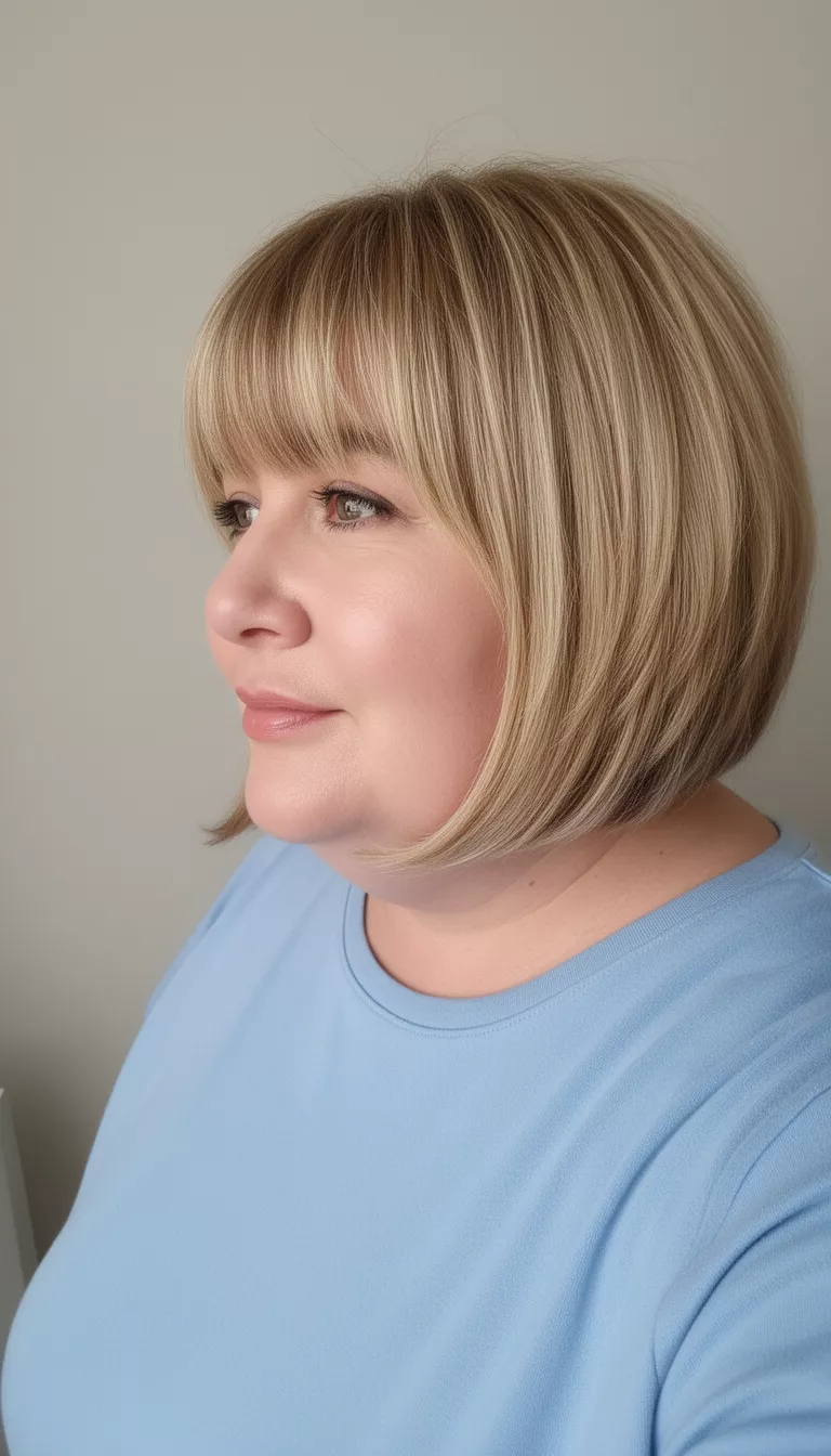 selfie of a 49-year-old woman with a chubby face wearing a light blue top with a blonde layered lob side swept bangs hairstyle, side view, minimal background