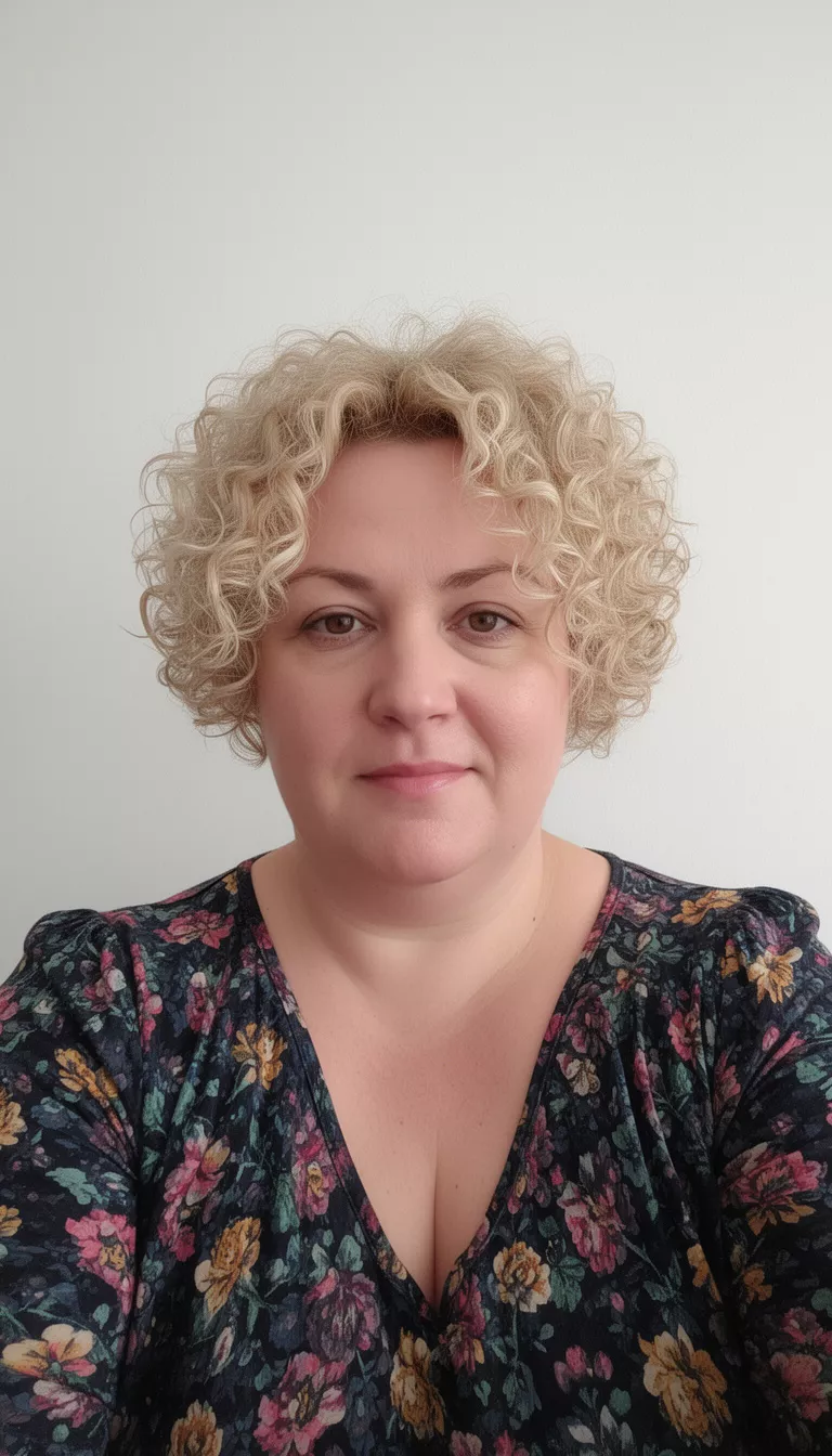 selfie of a 45-year-old woman with a chubby face wearing a dark floral print top with a short light blonde tight curls hairstyle, front view, minimal background