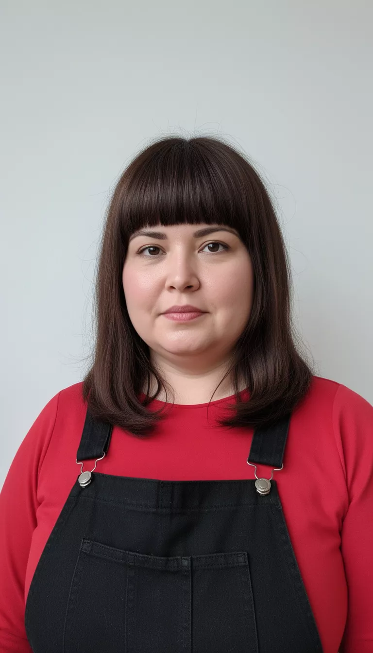 selfie of a 38-year-old woman with a chubby face wearing a red top and black overalls with a dark brown layered hair and straight bangs hairstyle, front view, minimal background