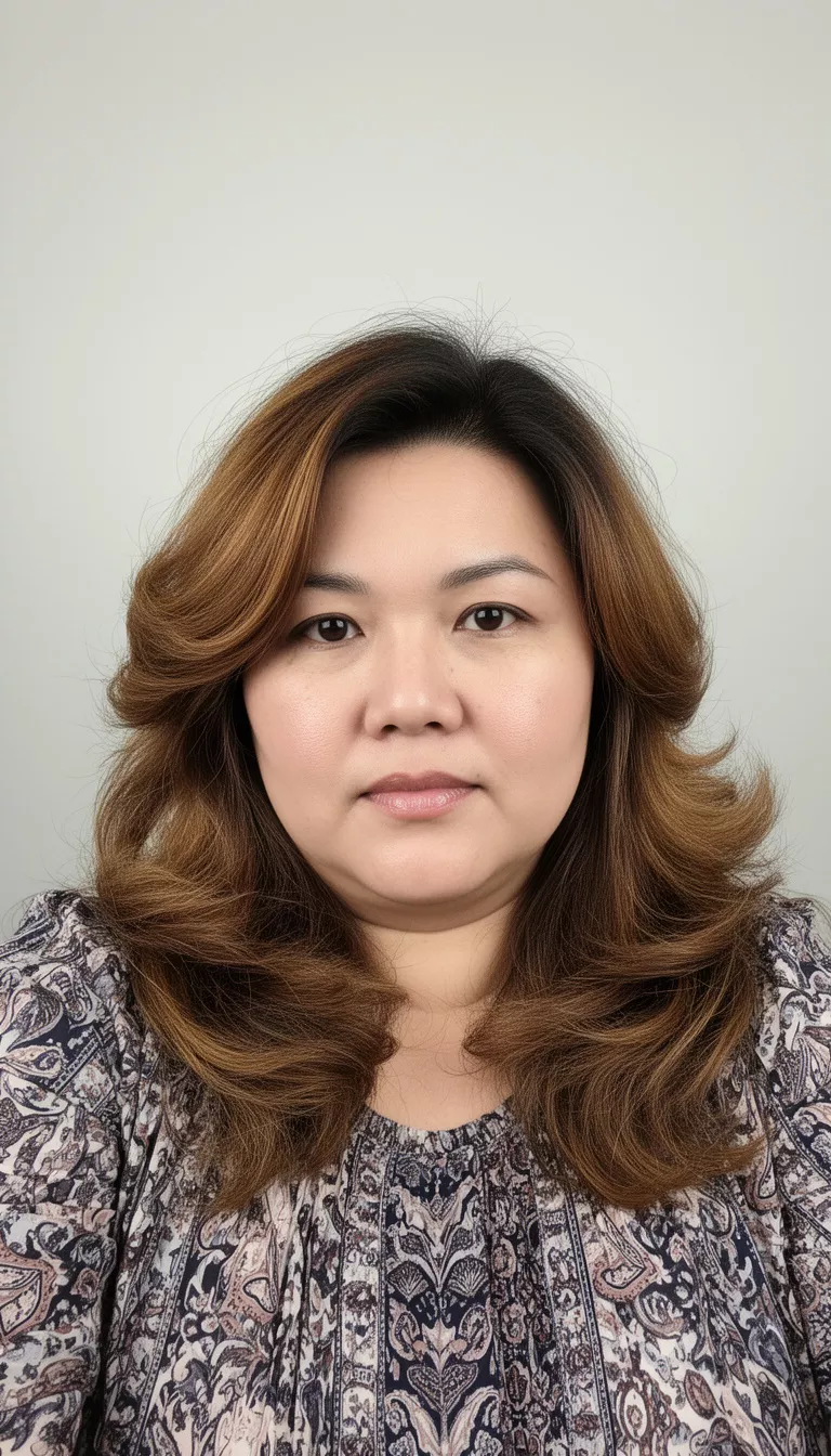 selfie of a 43-year-old woman with a chubby face wearing a patterned top with a layered voluminous medium length brown hair with warm highlights hairstyle, front view, minimal background