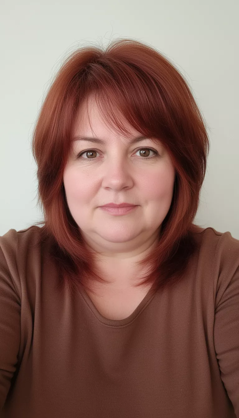 selfie of a 46-year-old woman with a chubby face wearing a brown top with a medium length layered reddish brown hair with face framing layers and a slight shag hairstyle, front view, minimal background