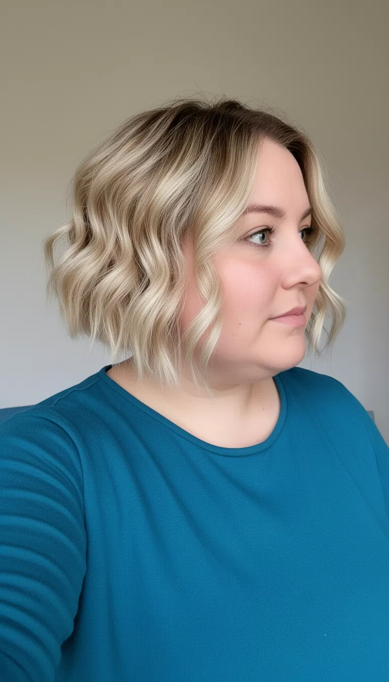 selfie of a 33-year-old woman with a chubby face wearing a teal blue top with a choppy wavy blonde bob with lighter face framing pieces hairstyle, side view looking right, minimal background