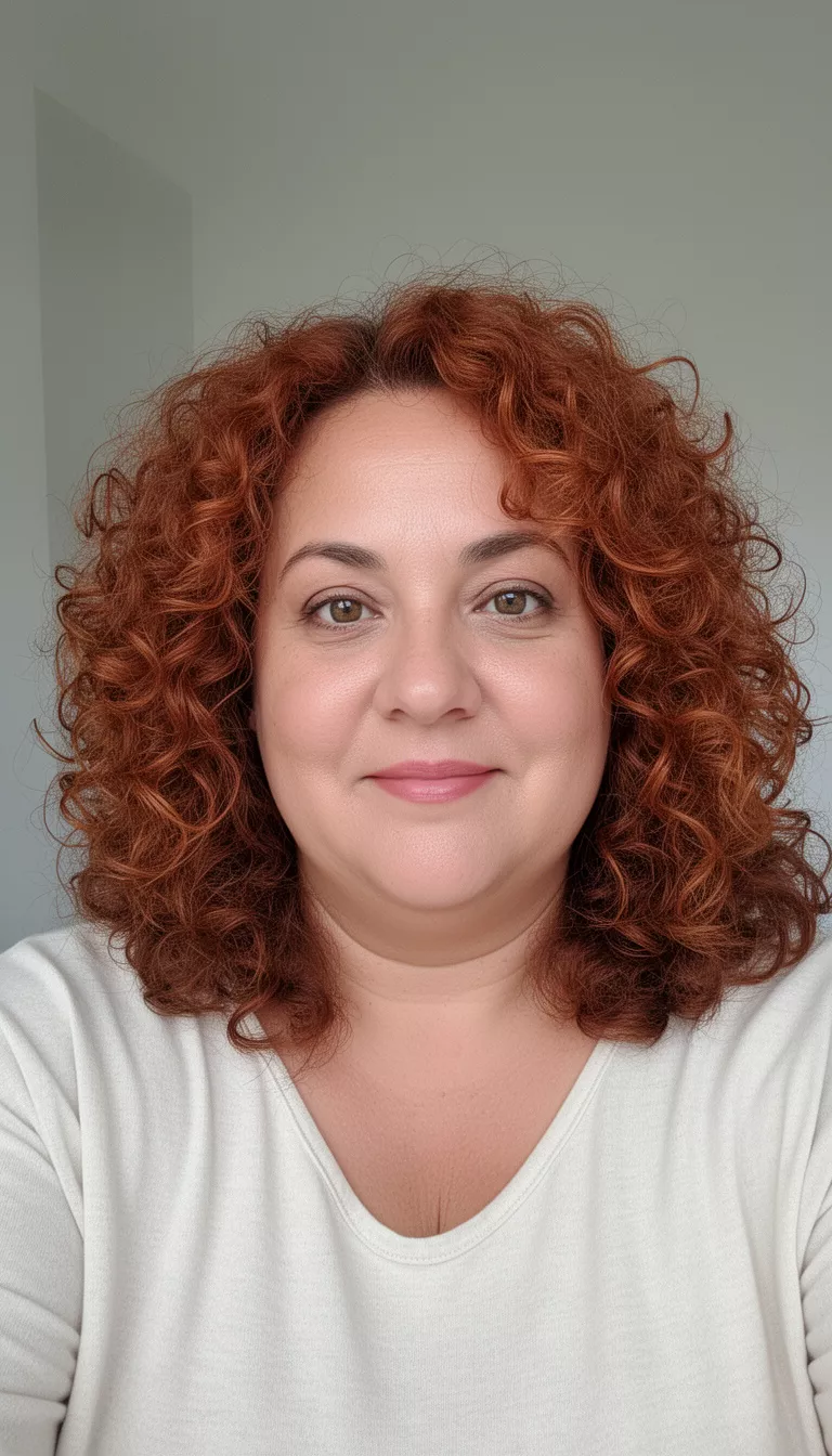 selfie of a 47-year-old woman with a chubby face wearing a light colored top with a medium length coppery brown curly hair with warm highlights hairstyle, front view, minimal background