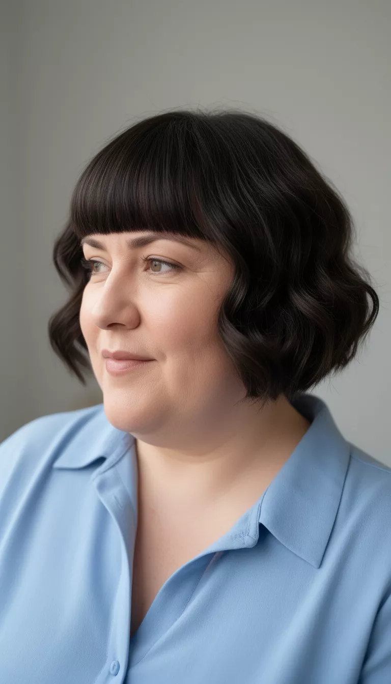 selfie of a 40-year-old woman with a chubby face wearing a light blue collared top with a short dark wavy bob featuring blunt bangs hairstyle, side view looking left, minimal background