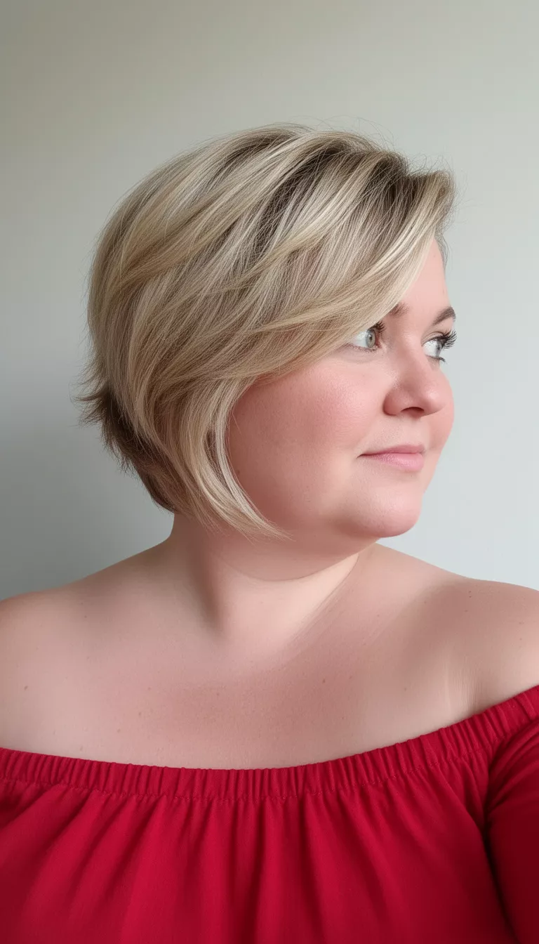 selfie of a 37-year-old woman with a chubby face wearing a red off the shoulder top with a blonde layered short hair hairstyle, side view looking right, minimal background