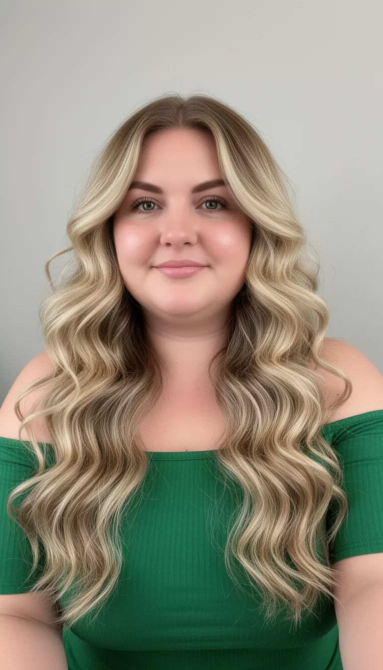 selfie of a 37-year-old woman with a chubby face wearing a green off the shoulder top with a very long voluminous wavy blonde hair with dimension hairstyle, front view, minimal background