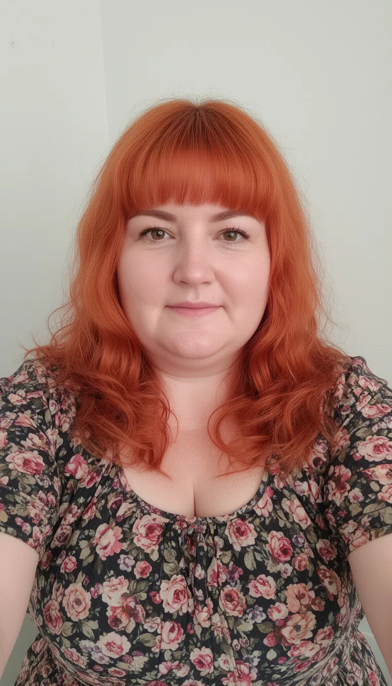 selfie of a 41-year-old woman with a chubby face wearing a floral top with a medium length wavy reddish orange hair and short fringe hairstyle, front view, minimal background