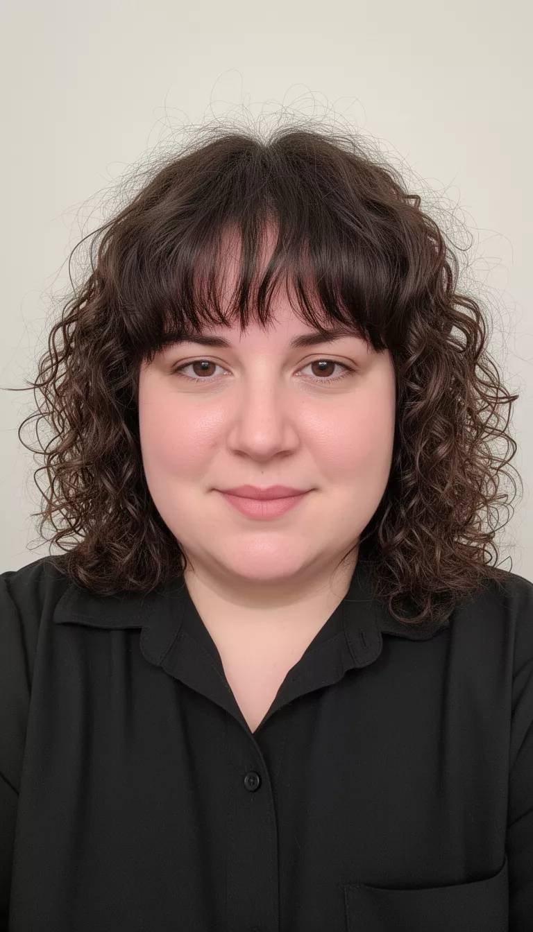 selfie of a 34-year-old woman with a chubby face wearing a black collared shirt with a dark brown medium length heavily curled hair and short messy bangs hairstyle, front view, minimal background