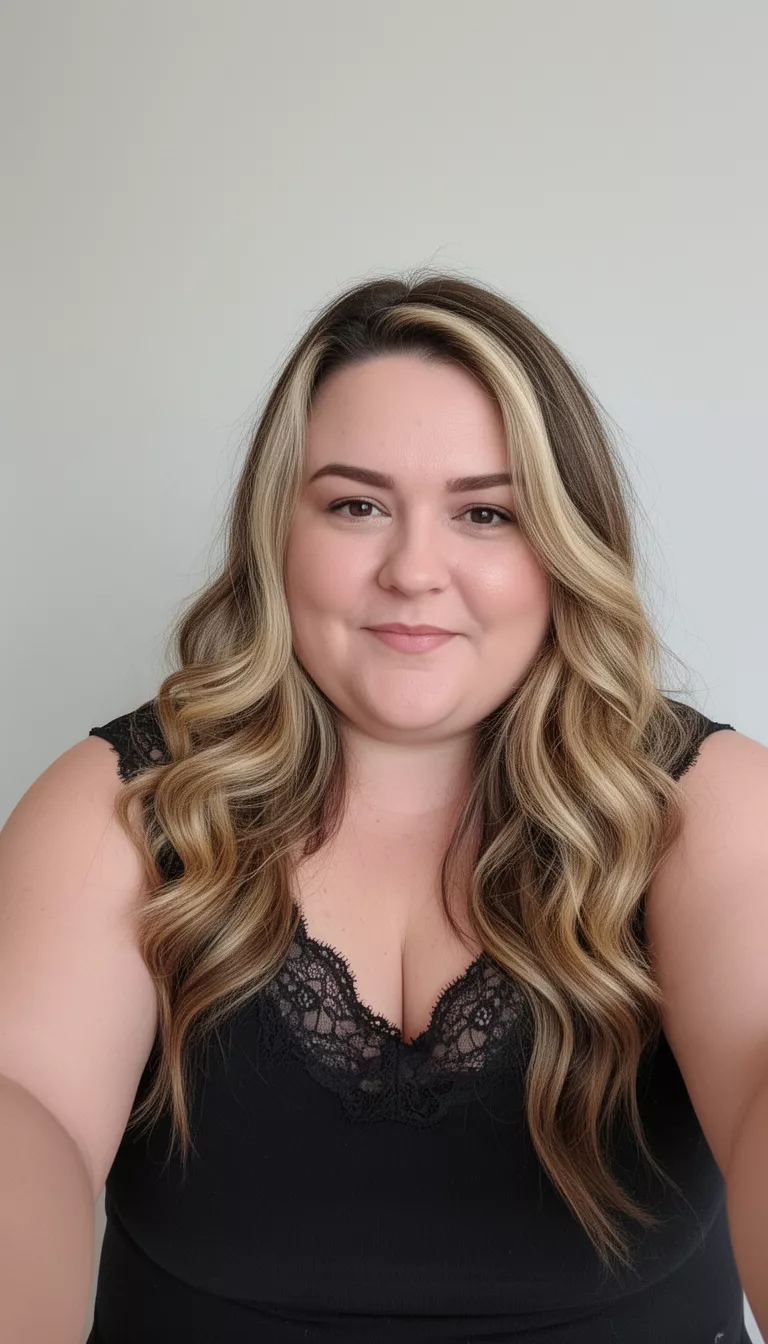 selfie of a 35-year-old woman with a chubby face wearing a black lace trimmed top with a long wavy blonde and brown highlighted hair hairstyle, front view, minimal background