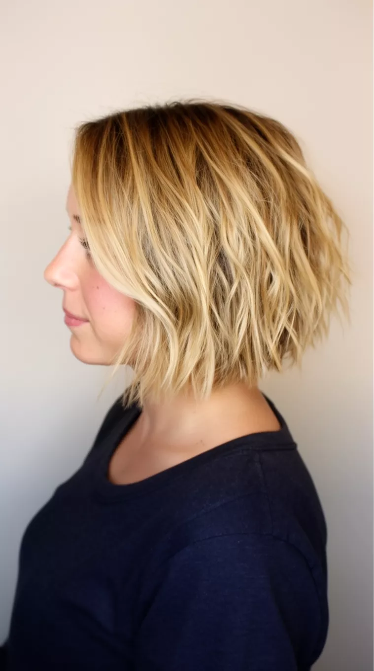 Buttery Bob Balayage casual photo of a 32-year-old woman wearing a dark top with a blonde balayage colored choppy bob hairstyle, side view, minimal background.
