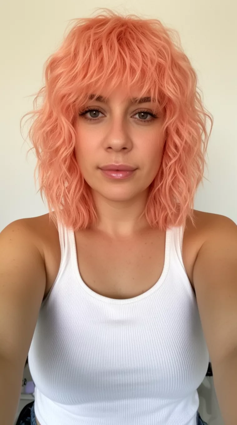 Peachy Shag selfie of a 32-year-old woman wearing a white ribbed tank top with a peachy pink colored wavy shaggy hairstyle, front view, minimal background.