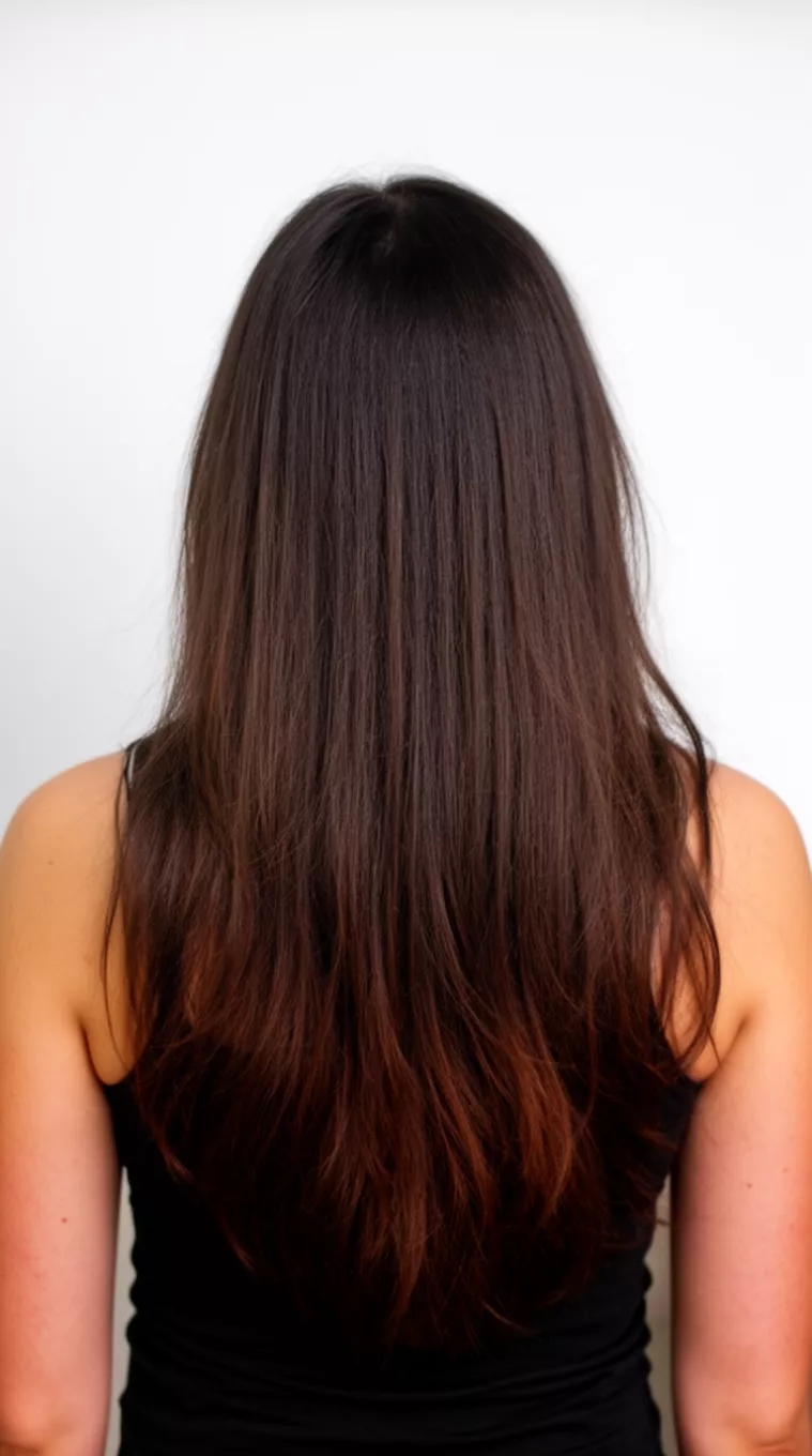 Midnight Cocoa Half Up casual photo of a 29-year-old woman wearing a black tank top with a dark brown colored very long layered hairstyle, back view, minimal background.