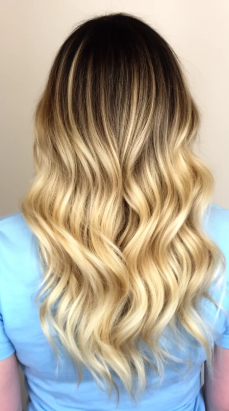 High Contrast Ribboning casual photo of a 30-year-old woman wearing a light blue top with a bright blonde highlights on dark brown roots colored long wavy hairstyle, back view, minimal background.