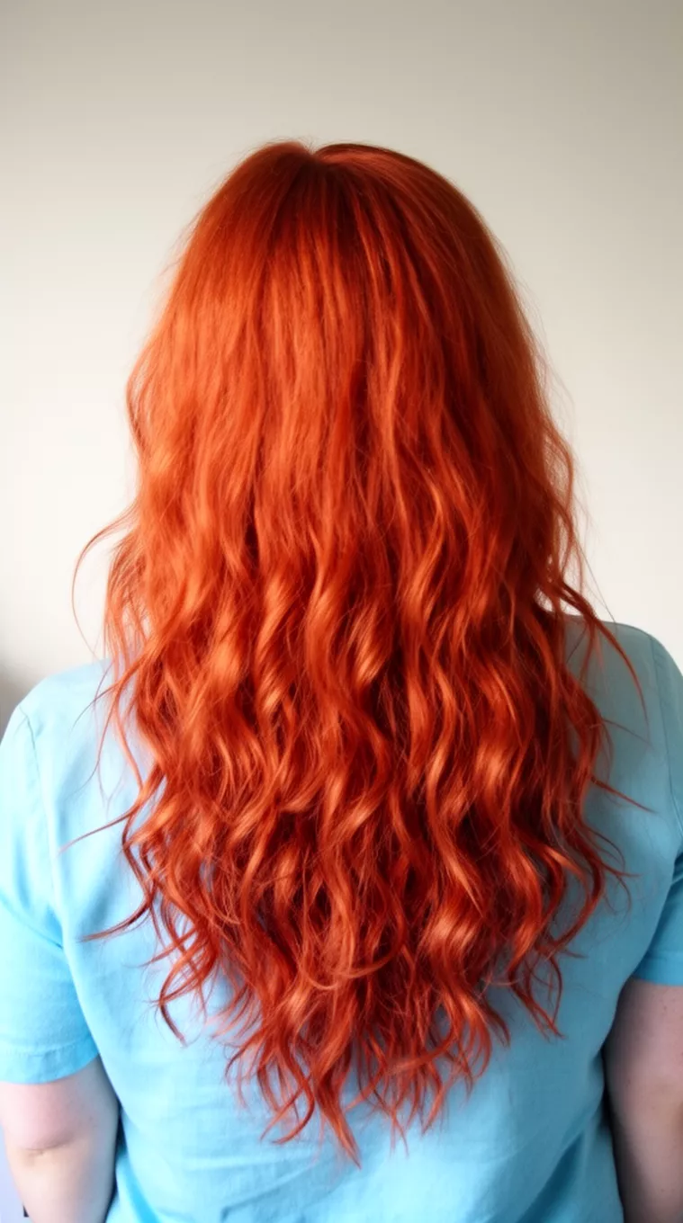 Electric Copper Radiance casual photo of a 31-year-old woman wearing a light blue top with a bright copper red colored long wavy hairstyle, back view, minimal background.