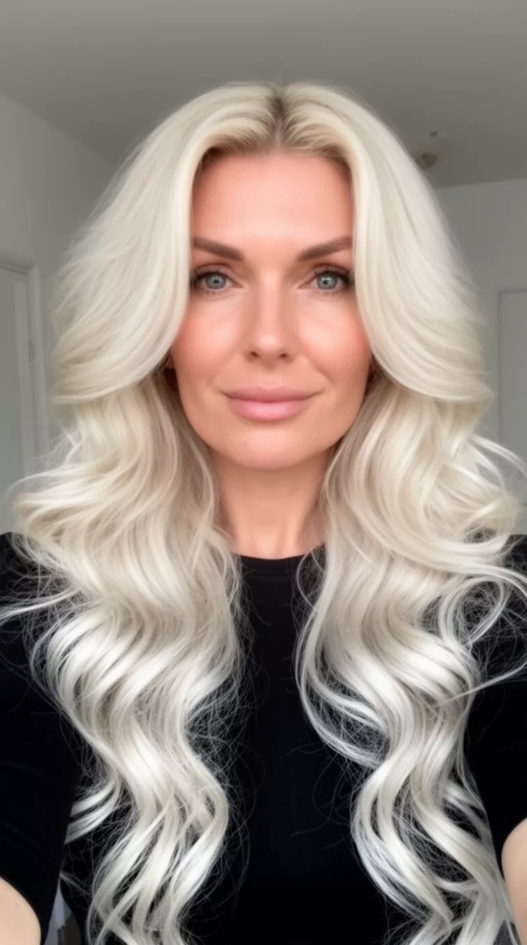 Platinum Volume Drama selfie of a 36-year-old woman wearing a black top with a platinum blonde colored voluminous long wavy hairstyle, front view, minimal background.
