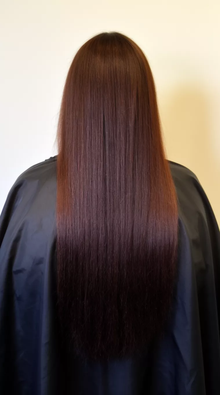 Glossy Espresso Silk casual photo of a 42-year-old woman wearing a black salon cape with a dark brown colored extremely long straight hairstyle, back view, minimal background.