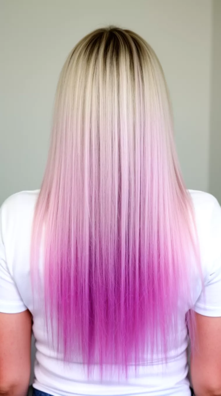 Pink Pearl Gradient casual photo of a 28-year-old woman wearing a white top with a pink lavender and pale blonde gradient colored long straight hairstyle, back view, minimal background.